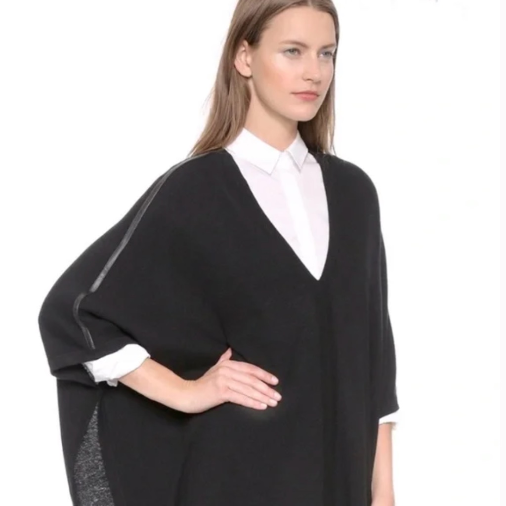 Vince Pancho Cape Sweater Deep V Neck Black Cashmere Leather Accent M/L